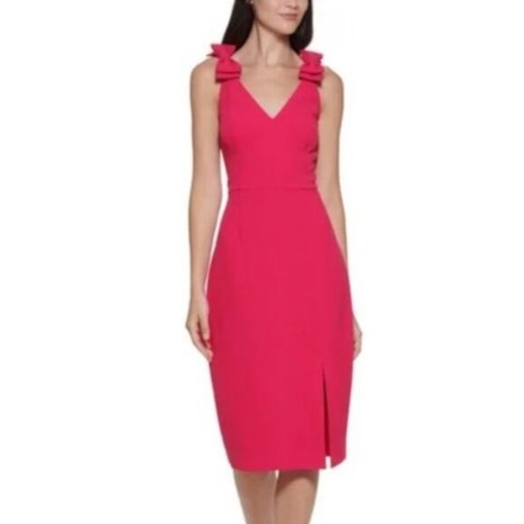 NWT Eliza J Stretch Zippered Slitted Bows At Shoulders Sleeveless midi dress 14 - Picture 1 of 4